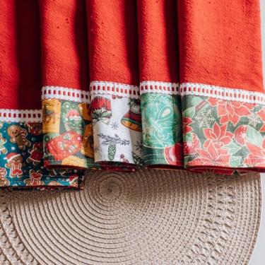 Imagem de Pano De Prato Vermelho Barrado Natalino 05 unid - Pé De Galinha