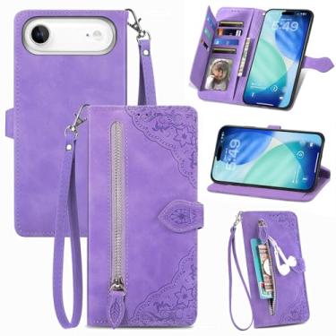Imagem de TopFunny Capas para iPhone Plus carteira feminina com porta-cartões retrô em relevo flor zíper carteira de couro PU capa flip com cordão destacável para Apple iPhone Plus 16.8 cm roxo