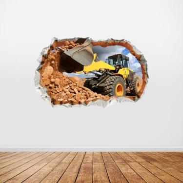 Imagem de iinuu Decalque de parede 3D Bulldozer, adesivo de parede de caminhão de equipamento pesado para quarto de meninos, berçário ou área de jogos, decoração de parede realista de canteiro de obras