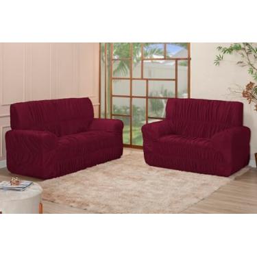 Imagem de Kit Capa para Sofá 3 e 2 Lugares, Malha Gel Poliéster, 21 Elásticos, Ajuste Coladinho, Estilo Contemporâneo (VINHO)