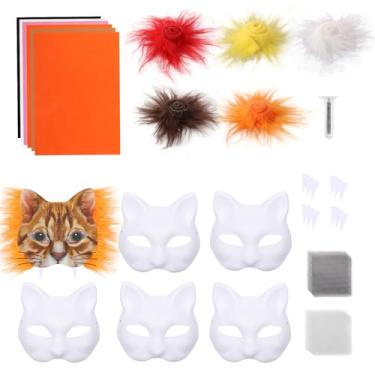 Imagem de Kit de máscara de 6 peças, máscara de gato com telas de olhos de pele e adesivos de pedras preciosas, máscaras peludas de fantasia faça você mesmo, baile de máscaras (laranja)