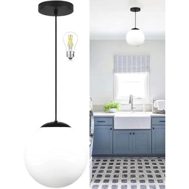 Imagem de KoKo&Yukina Luminária Pendente Em Formato De Globo Para Ilha De Cozinha, Luminária Suspensa Moderna De Meados Do Século Com Vidro Transparente Em Formato De Globo, Luzes Suspensas Industriais Preta