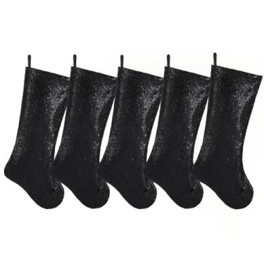 Imagem de Pxniy 5 peças de meias de Natal personalizadas com glitter, 50 cm de lantejoulas para decoração de férias, artigos de festa festiva (lantejoulas pretas)