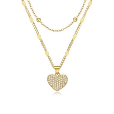 Imagem de MEIITRUE Conjunto de colares de coração femininos modernos banhados a ouro 14 k delicados em camadas, pingente de coração de zircônia cúbica empilhável, gargantilha para presentes para ela, One Size
