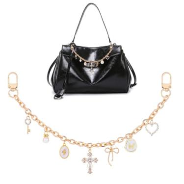 Imagem de LuneClat Berloques de corrente gótica para bolsas de mão – Pingente vintage de cruz de ouro Y2K decorativo, alça de corrente de extensão para bolsas de ombro, correntes de alça transversal para alça