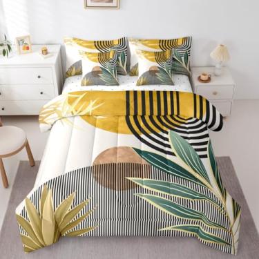 Imagem de Erosebridal Conjunto de edredom de meados do século king size boêmio contemporâneo, 7 peças, cama moderna com listras abstratas, geométrico, retrô, minimalista, colcha com lençol de cima, amarelo