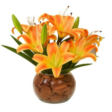 Imagem de Arranjo De Flores Artificiais Decorativas Lírios Realistas Em Vaso De Vidro Para Sala Mesa Escritório(Cor: Laranja Com Amarelo)