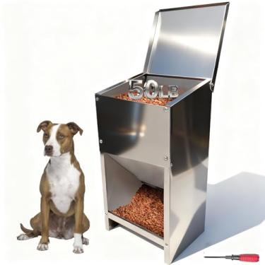 Imagem de Alimentador de ração para animais de estimação para ração de 22,7 kg – Aço inoxidável – Dispensador automático de ração para cães por gravidade, alimentação automática ao ar livre para cães médios