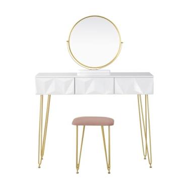 Imagem de Escrivaninha de penteadeira Penteadeira branca com espelho giratório 360 ° e banco de veludo para quarto penteadeira maquiagem 3 gavetas