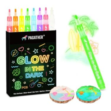 Imagem de 8 cores que brilham no escuro – canetas de tinta neon luminosa de ponta redonda de 2 mm para pintura rupestre, tecido, vidro, madeira e artesanato DIY