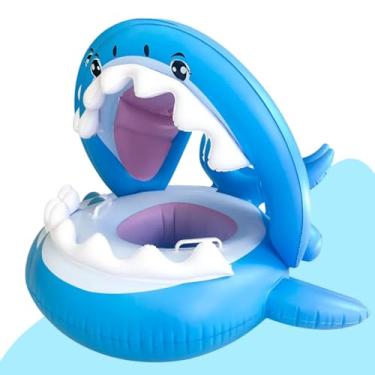 Imagem de Boia Infantil Bebe Tubarão Azul Piscina Bote Inflável com Cobertura de Proteção Solar Criança