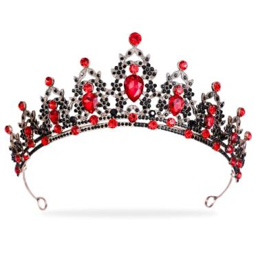 Imagem de Tiaras pretas barrocas para mulheres, coroa de aniversário, coroas de princesa, Halloween, strass vermelho, faixas de cabelo para meninas, acessórios de festa de formatura, casamento, noiva, fantasia