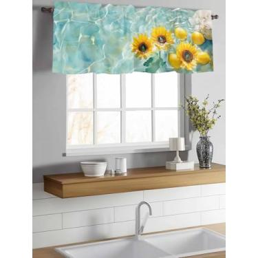 Imagem de Cortinas para Janelas Aquarela Azul Lago Girassol Janela Valance Rod Pocket Limão Janela Decoração Cortina para Cozinha Sala de Estar Quarto 137.2 cm x 45.7 cm