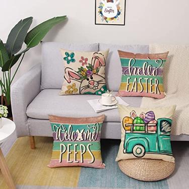 Imagem de Capa de almofada decorativa Hello Easter Bunny Eggs Truck 45,7 x 45,7 cm Conjunto de 4, primavera Welcome Peeps Rabbit Retro Porch Outdoor Home Decor, Floral Farmhouse Stripes Holiday Sofa Sofa