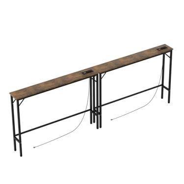 Imagem de Aduanbang Mesa de console estreita de 199 cm com tomada, conjunto de 2 mesas de sofá, mesas de entrada longas com estação de carregamento, para sala de estar, marrom rústico