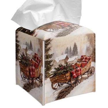 Imagem de Grace Yonks Capa quadrada de caixa de lenços de Natal, carroça com design de presentes, estojo de cubo para lenços faciais, couro PU de 13,2 cm. (099)