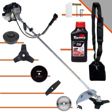 Imagem de Roçadeira Robusta Toyama TBC43H À Gasolina 43cc Com Carretel + Faca 2 Pontas + Faca 3 Pontas + Faca 40 Dentes Vídea + Faca 80 Dentes + ÓLEO TOYAMA 2T