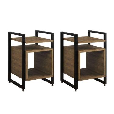 Imagem de Kit 2 Mesas De Cabeceira Industrial Marrocos Ferro Preto E Tampo Freijó