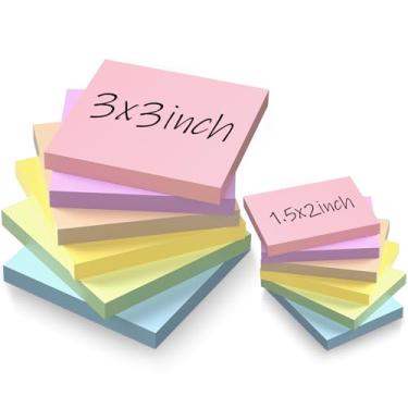 Imagem de Notas adesivas 7,6 x 7,6 cm + notas adesivas pequenas de 5 x 3,8 cm, pacote com 12 blocos autoadesivos de 6 cores | cola forte e remove a limpeza | Papel reciclado bonito notas adesivas para material