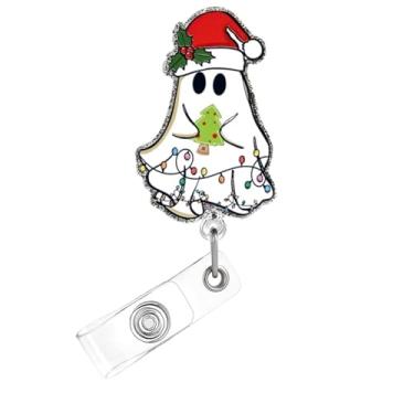 Imagem de Carretel de crachá de Natal, crachá de acrílico de fantasma fofo para crachá de identificação, suporte retrátil retrátil de árvore de Natal, acessórios de clipe de jacaré para enfermeiras