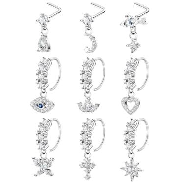 Imagem de NICEIGHT 9 peças 20G Anel de nariz com pingente de ouro de aço cirúrgico para mulheres e homens em forma de L pingente de nariz lua estrela indiano conjunto de argola de nariz CZ flor coração