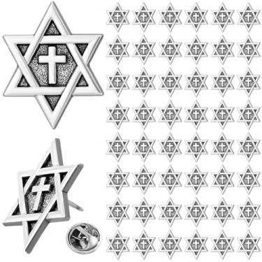 Imagem de Kigeli Broche de lapela com cruz de estrela de Davi, 50 peças, broche judaico cristão, sinagoga de Hanukkah, presentes de Israel, decoração religiosa a granel (prata)