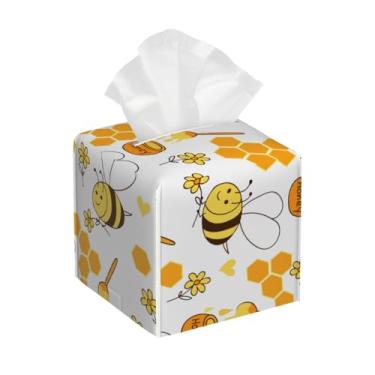 Imagem de Porta-lenços de couro quadrado à prova d'água abelha mel animal fofo organizador de papel facial com cinto inferior cubo estojo de lenços para mesa, banheiro, escritório, mesa, carro, decorativo