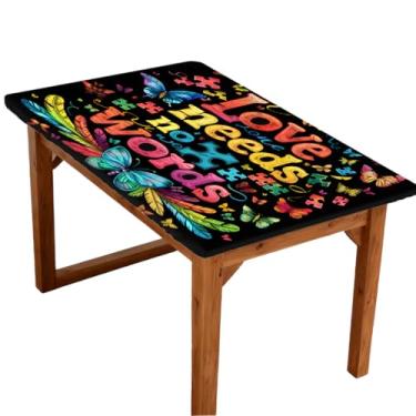 Imagem de hongjinglin Toalha de mesa retangular de 1,8 m elástica ajustada com autismo, cor da palavra, capa de mesa retangular, impermeável, lavável, protetor de mesa para piquenique, jantar, cozinha