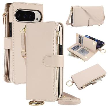 Imagem de Capa carteira para Google Pixel 9 [bloqueio RFID] [bolso com zíper] [suporte para cartão] capa protetora flip de couro PU com corda transversal/pulso/anel capa de telefone masculina e feminina (branca