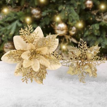 Imagem de FILKO 16 peças de Natal com 16 clipes de flores artificiais com glitter, suprimentos de festa de inverno para decoração de guirlanda de aniversário de casamento (ouro)