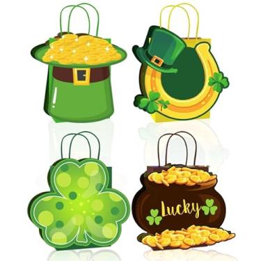 Imagem de JarThenaAMCS 24 peças de sacos de papel de presente de Dia de São Patrício com alças trevo chapéu de trevo da sorte ouro ferradura saco de guloseimas doces para festas de férias irlandesas, 21 x 8 x