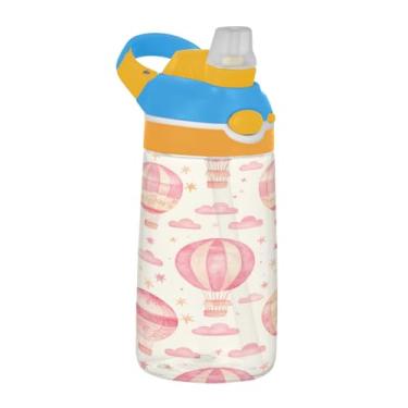 Imagem de Blueangle Garrafa de água com balões de ar quente em aquarela de 473 ml, garrafa de viagem e esportes Tritan reutilizável com canudo e design de tampa de bico pop-up (445)