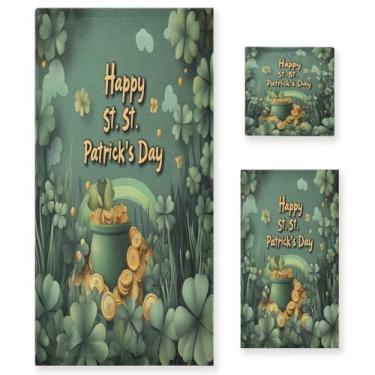 Imagem de Blueangle Conjunto de toalhas decorativas de banheiro com padrão de pote dourado do dia de São Patrício, conjunto de 3 peças com toalha de banho, toalha de mão e toalha de banho (180)