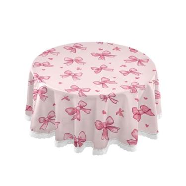 Imagem de SEHANY Toalha de mesa redonda com laço rosa de 152 cm, tecido lavável sem rugas, toalha de mesa decorativa de renda para restaurante, casamento, acampamento, festa de cinco de maio