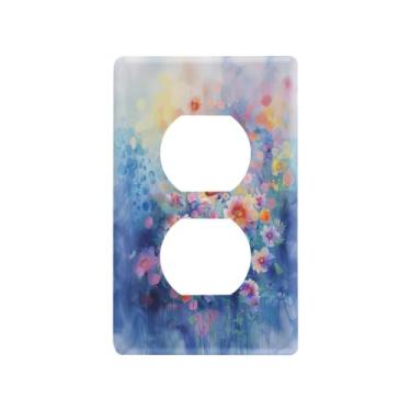 Imagem de Blueangle Placa de parede com pintura de flores coloridas, tomadas duplas, tamanho padrão, placas de cobertura de tomada elétrica de 1 gangue para decoração de quarto de escritório em casa, 4,53 x