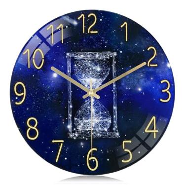 Imagem de Lafocuse Relógio de parede de galáxia azul de vidro, silencioso, sem tique-taque, operado por bateria, relógios decorativos modernos para sala de estar, cozinha, quarto, padrão de ampulheta