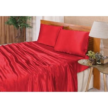 Imagem de Confecções Elba, Jogo De Lençol Casal King Cetim Seda Alto Brilho 4 Peças Cor:Vermelho