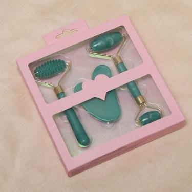 Imagem de Ferramentas de rolo massageador facial 3 peças: ferramentas faciais de rolo de jade para cuidados com a pele - massageador facial para rosto, olhos, pescoço, alivia linhas finas e rugas, presente de