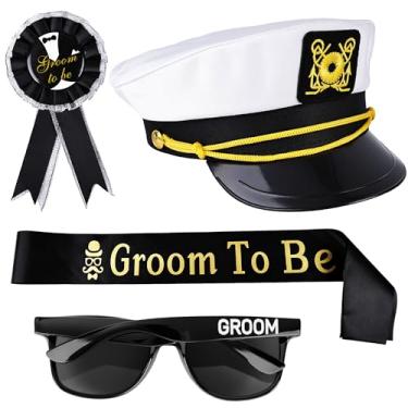 Imagem de Medanera 4 peças de acessórios de despedida de solteiro, incluindo Groom To Be Sash Groom, chapéu de capitão, óculos de sol, crachá para presentes de casamento, lembrancinhas de festa de chá de panela