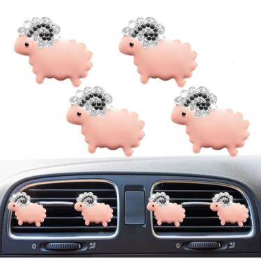 Imagem de 4 peças de clipes de saída de ar de carro Bling Lucky Sheep, clipe de saída de ar condicionado de cristal strass, pingente difusor de purificador de ar, lindo acessório de decoração de interiores de