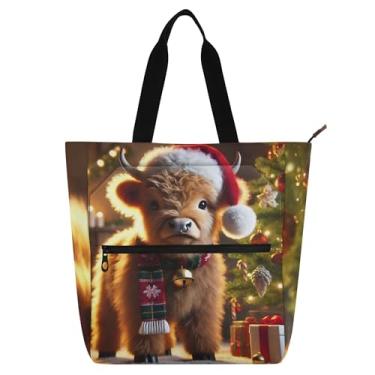 Imagem de Christmas Highland Cow Cute Calf Tote Womens Work Bag Canvas College School Tote Bolsas Professores Livro Lover Gift