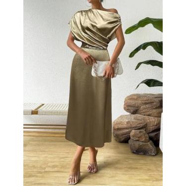 Imagem de Vestido midi feminino dourado de cetim de um ombro só, vestido franzido para noite, Dourado, Small