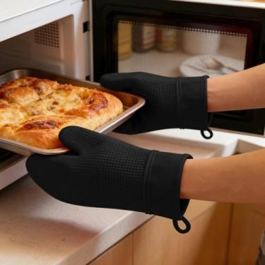 Imagem de Luvas de forno com 2 unidades, design de dois dedos, luvas de cozinha resistentes ao calor, textura antiderrapante, fácil de lavar, design de laço pendurado
