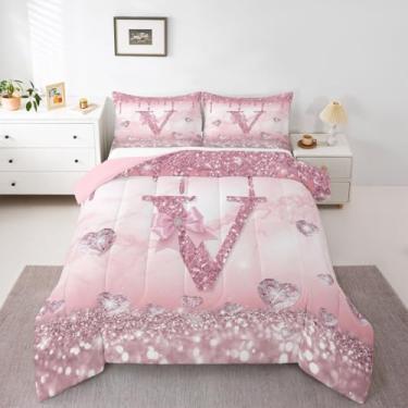 Imagem de Erosebridal Jogo de cama solteiro com estampa kawaii com laço rosa e glitter, letra kawaii, para crianças, meninas, adolescentes, mulheres, princesa, fantasia