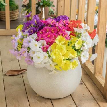 Imagem de unlumm Flores artificiais para atividades ao ar livre, 12 pacotes de glória matinal de seda sintética resistente a UV com folhas de eucalipto, 6 cores, plantas de flores falsas para varanda, pátio