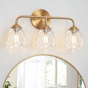 Imagem de Daunton Luminária De Banheiro De 3 Luzes Dourada, Luminárias De Vaidade Vintage Sobre Espelho, Luminária De Banheiro De Latão Com Cúpula De Vidro Em Forma De Flor, Iluminação De Arandela De Parede A