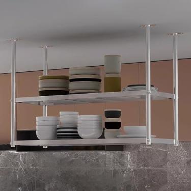 Imagem de Prateleira de montagem no teto, prateleiras flutuantes suspensas de aço inoxidável, rack organizador suspenso de 2 camadas, para cozinha, sala de jantar, café, bar (cor: prata, tamanho: 80 x 35 x 80