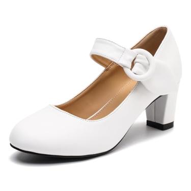 Imagem de LIURUIJIA Sapatos femininos de salto grosso, tira no tornozelo, Mary Janes, casual, elegante, para trabalho no escritório, igreja, casamento, Branco fosco, 36