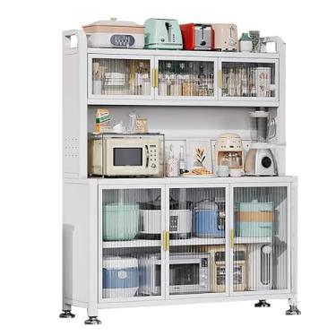 Imagem de Armazenamento montado na parede, suporte para micro-ondas e padeiro, organizador de armário de cozinha com porta, estação de cafeteria, solução grande de armazenamento de metal para casa e escritório