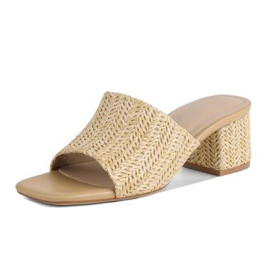 Imagem de MeiLuSi Sandálias femininas de salto ráfia com salto grosso, bico aberto, bico aberto, sapatos elegantes para férias de verão, sapatos elegantes de praia, sem cadarço, Damasco, 36